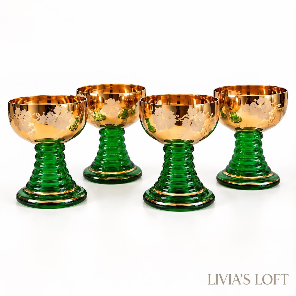 Vintage West German Green Glass Liqueur Glasses, Set of 4, Gold Gilt Rim, Hand Cut Etched Floral, Stuttgart Souvenir, Mid Century Barware, view 1