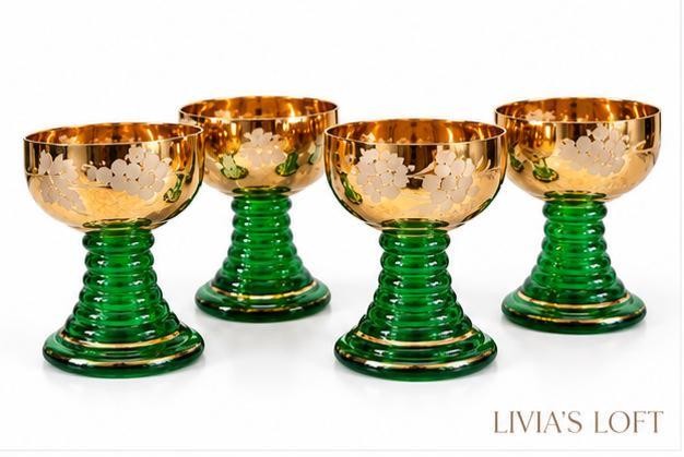 Vintage West German Green Glass Liqueur Glasses, Set of 4, Gold Gilt Rim, Hand Cut Etched Floral, Stuttgart Souvenir, Mid Century Barware, view 2
