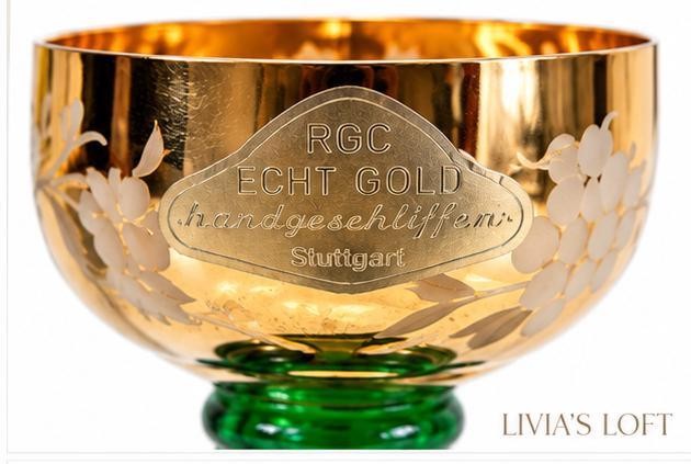 Vintage West German Green Glass Liqueur Glasses, Set of 4, Gold Gilt Rim, Hand Cut Etched Floral, Stuttgart Souvenir, Mid Century Barware, view 3