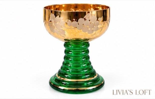 Vintage West German Green Glass Liqueur Glasses, Set of 4, Gold Gilt Rim, Hand Cut Etched Floral, Stuttgart Souvenir, Mid Century Barware, view 4