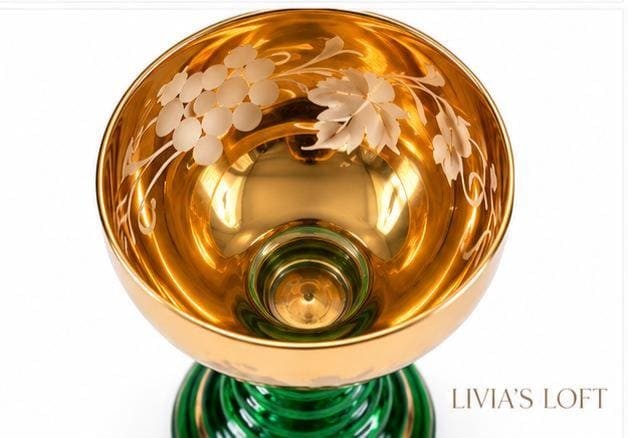 Vintage West German Green Glass Liqueur Glasses, Set of 4, Gold Gilt Rim, Hand Cut Etched Floral, Stuttgart Souvenir, Mid Century Barware, view 6