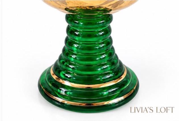 Vintage West German Green Glass Liqueur Glasses, Set of 4, Gold Gilt Rim, Hand Cut Etched Floral, Stuttgart Souvenir, Mid Century Barware, view 7