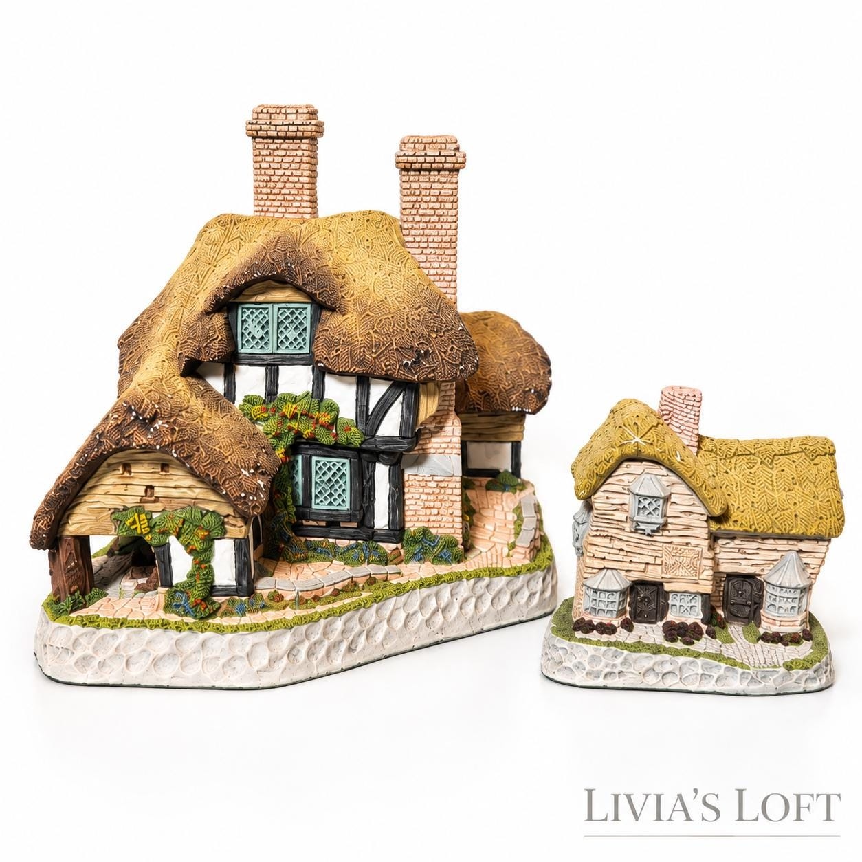 David Winter Cottages Lot Moonlight Haven 1991 Village Shop 1982 Hand Painted English Cottages Vintage Collectible Set, view 1