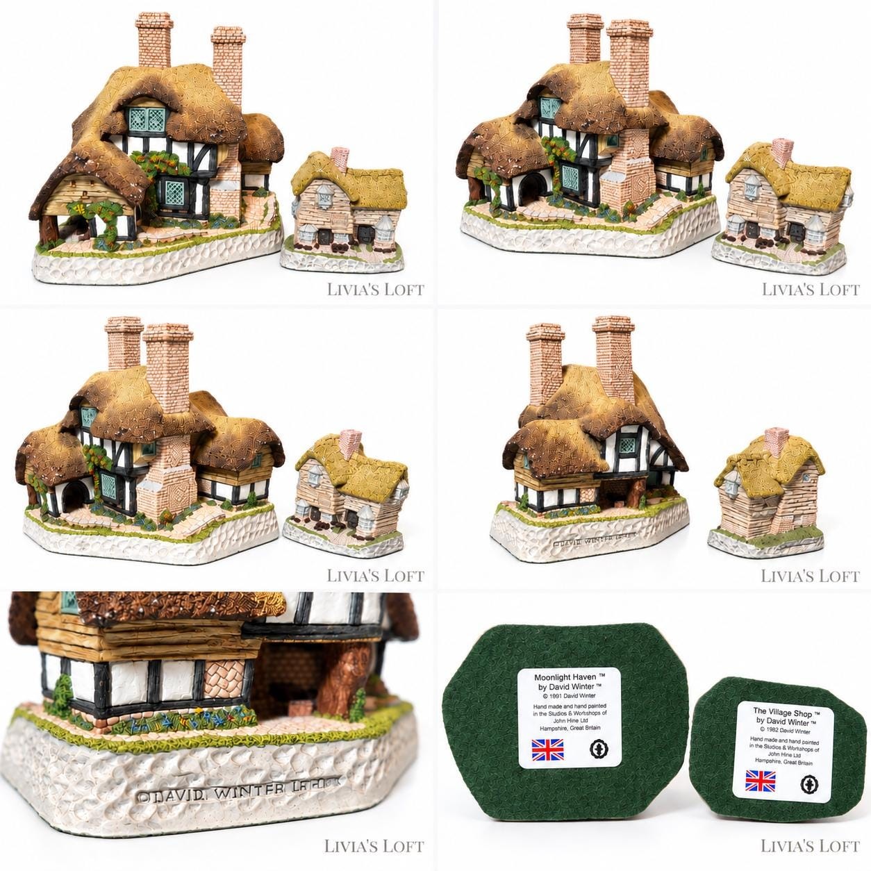 David Winter Cottages Lot Moonlight Haven 1991 Village Shop 1982 Hand Painted English Cottages Vintage Collectible Set, view 6