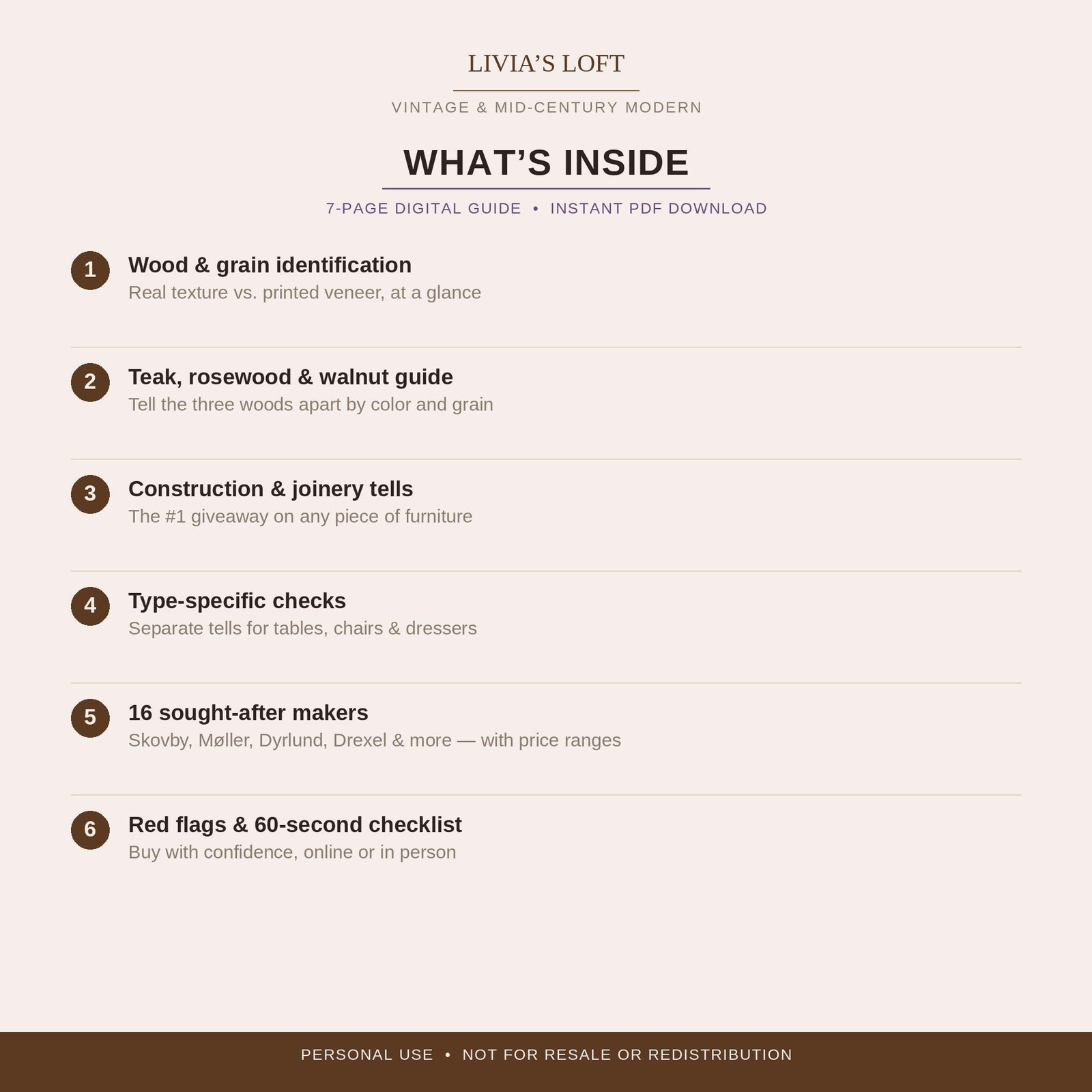 MCM Furniture Authentication, Real vs Reproduction Checklist, Vintage Danish Teak Buyer's Guide, and more PDF Download, view 6