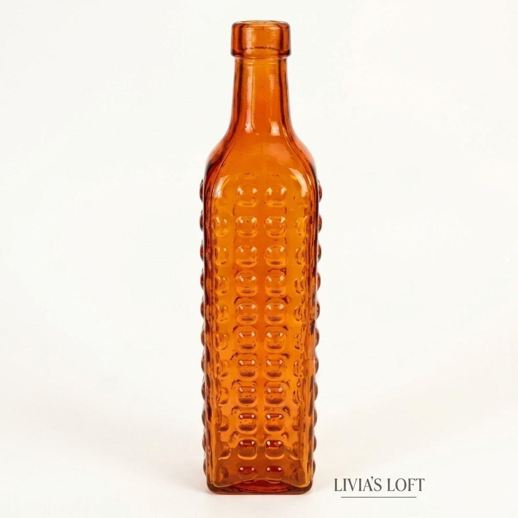 Vintage Orange Textured Glass Bottle | Mid-Century Modern Square Base Vase | Retro Bumpy Apothecary Bottle | Minimalist MCM Home Decor, view 1