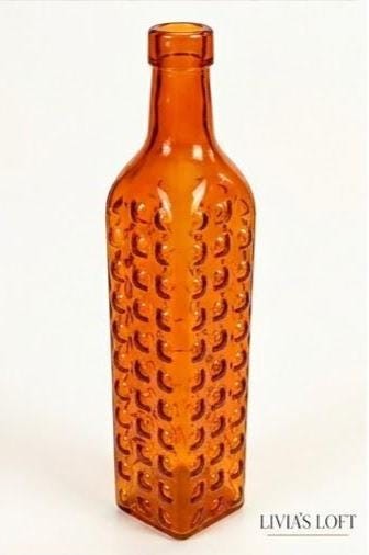 Vintage Orange Textured Glass Bottle | Mid-Century Modern Square Base Vase | Retro Bumpy Apothecary Bottle | Minimalist MCM Home Decor, view 2