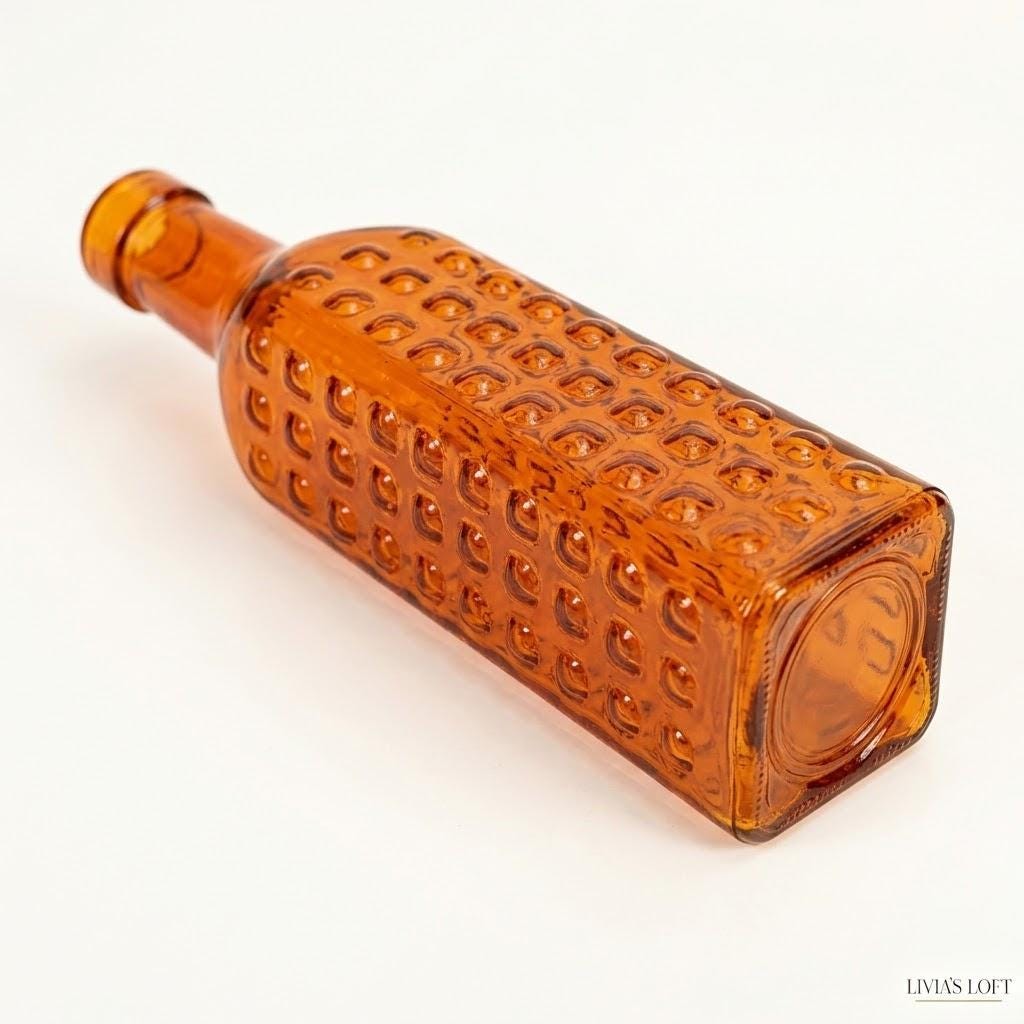 Vintage Orange Textured Glass Bottle | Mid-Century Modern Square Base Vase | Retro Bumpy Apothecary Bottle | Minimalist MCM Home Decor, view 3
