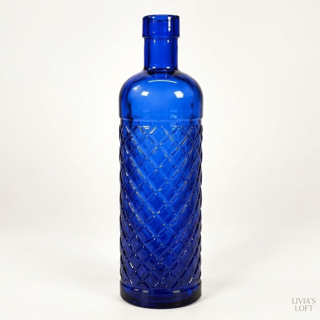 Cobalt Blue Glass Bottle | Vintage Diamond Texture Vase | Tall Geometric Blue Decanter | Retro Apothecary Decor | Mid-Century Modern Accent, view 1