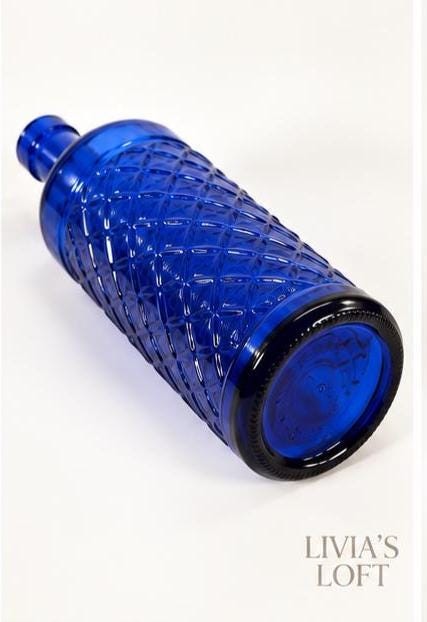 Cobalt Blue Glass Bottle | Vintage Diamond Texture Vase | Tall Geometric Blue Decanter | Retro Apothecary Decor | Mid-Century Modern Accent, view 2