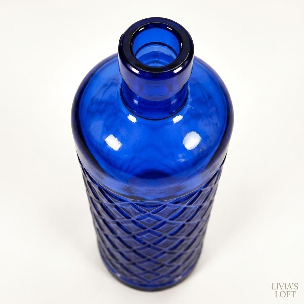 Cobalt Blue Glass Bottle | Vintage Diamond Texture Vase | Tall Geometric Blue Decanter | Retro Apothecary Decor | Mid-Century Modern Accent, view 3