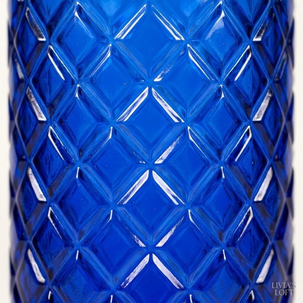 Cobalt Blue Glass Bottle | Vintage Diamond Texture Vase | Tall Geometric Blue Decanter | Retro Apothecary Decor | Mid-Century Modern Accent, view 4