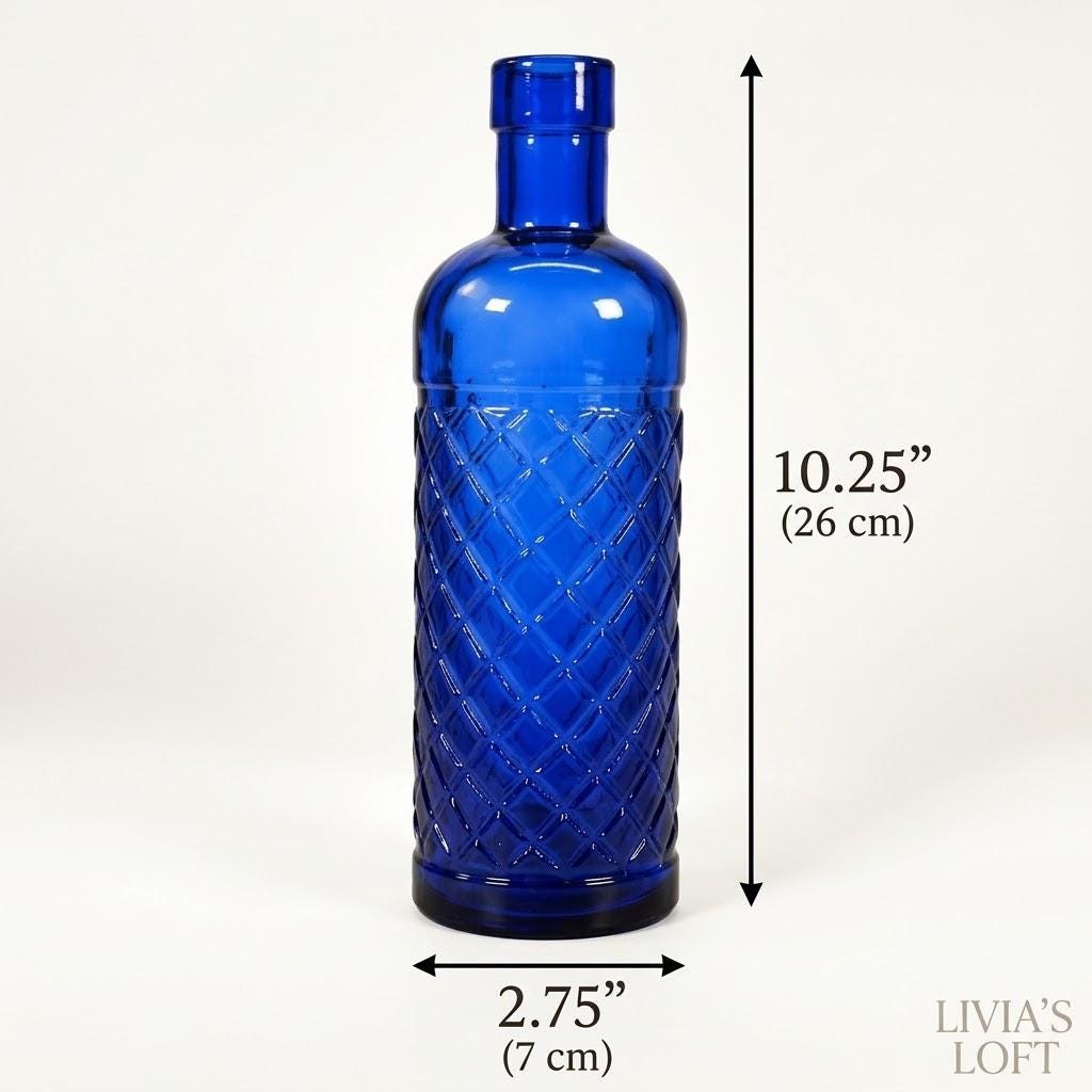 Cobalt Blue Glass Bottle | Vintage Diamond Texture Vase | Tall Geometric Blue Decanter | Retro Apothecary Decor | Mid-Century Modern Accent, view 6
