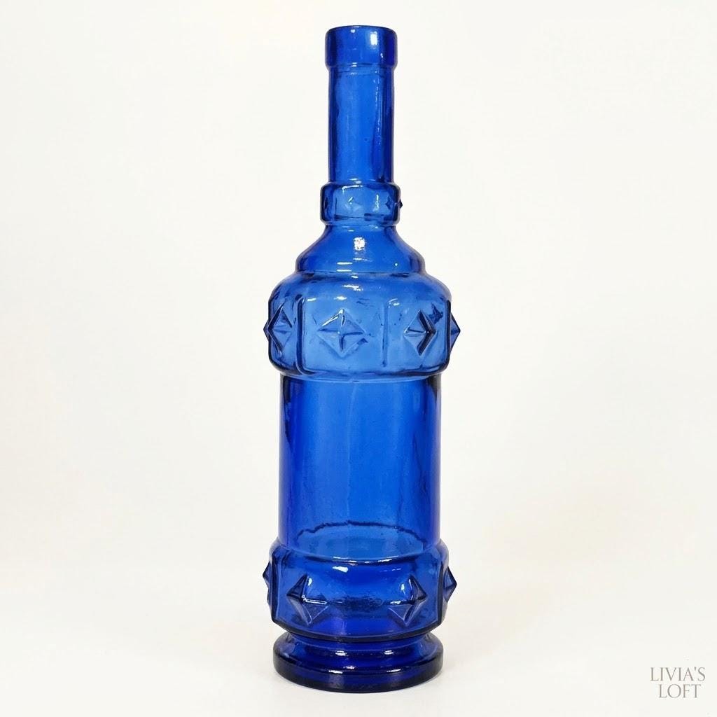 Vintage Cobalt Blue Glass Bottle | Geometric Embossed Art | Mid Century Decorative Bottle | Spanish Style Decor, view 1