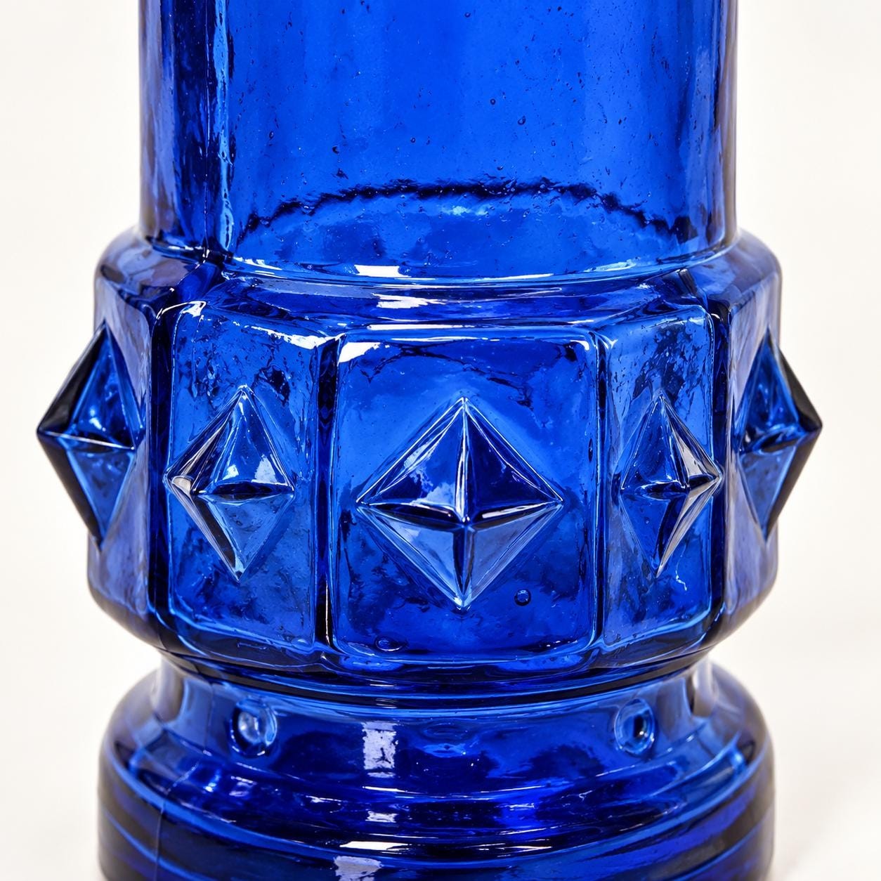 Vintage Cobalt Blue Glass Bottle | Geometric Embossed Art | Mid Century Decorative Bottle | Spanish Style Decor, view 2