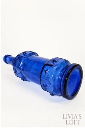 Vintage Cobalt Blue Glass Bottle | Geometric Embossed Art | Mid Century Decorative Bottle | Spanish Style Decor, view 4