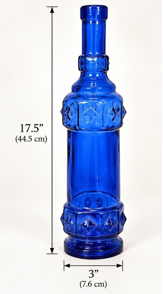 Vintage Cobalt Blue Glass Bottle | Geometric Embossed Art | Mid Century Decorative Bottle | Spanish Style Decor, view 5
