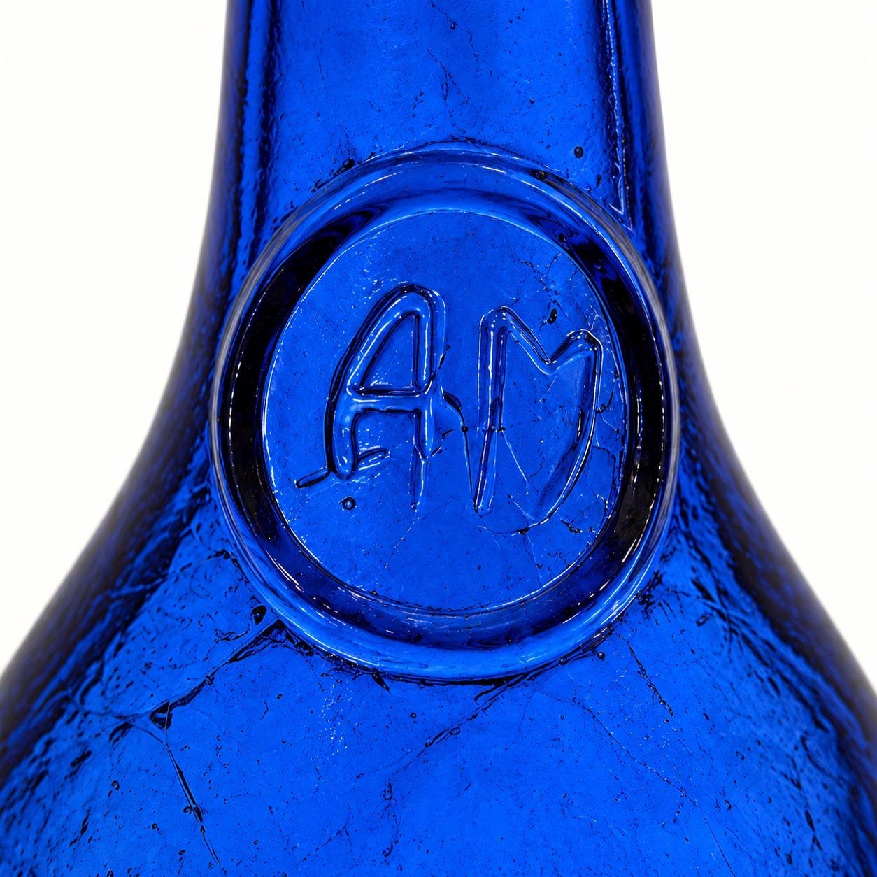 Vintage Cobalt Blue Textured Glass Bottle | Embossed Grapes & Leaves | 12” Decorative Art Glass Bottle, view 2
