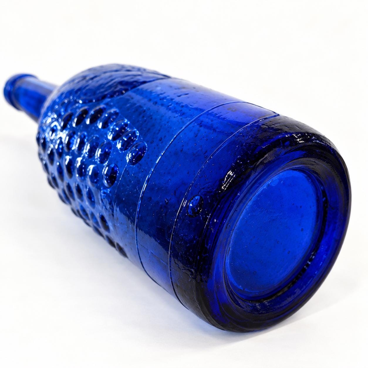 Vintage Cobalt Blue Textured Glass Bottle | Embossed Grapes & Leaves | 12” Decorative Art Glass Bottle, view 6