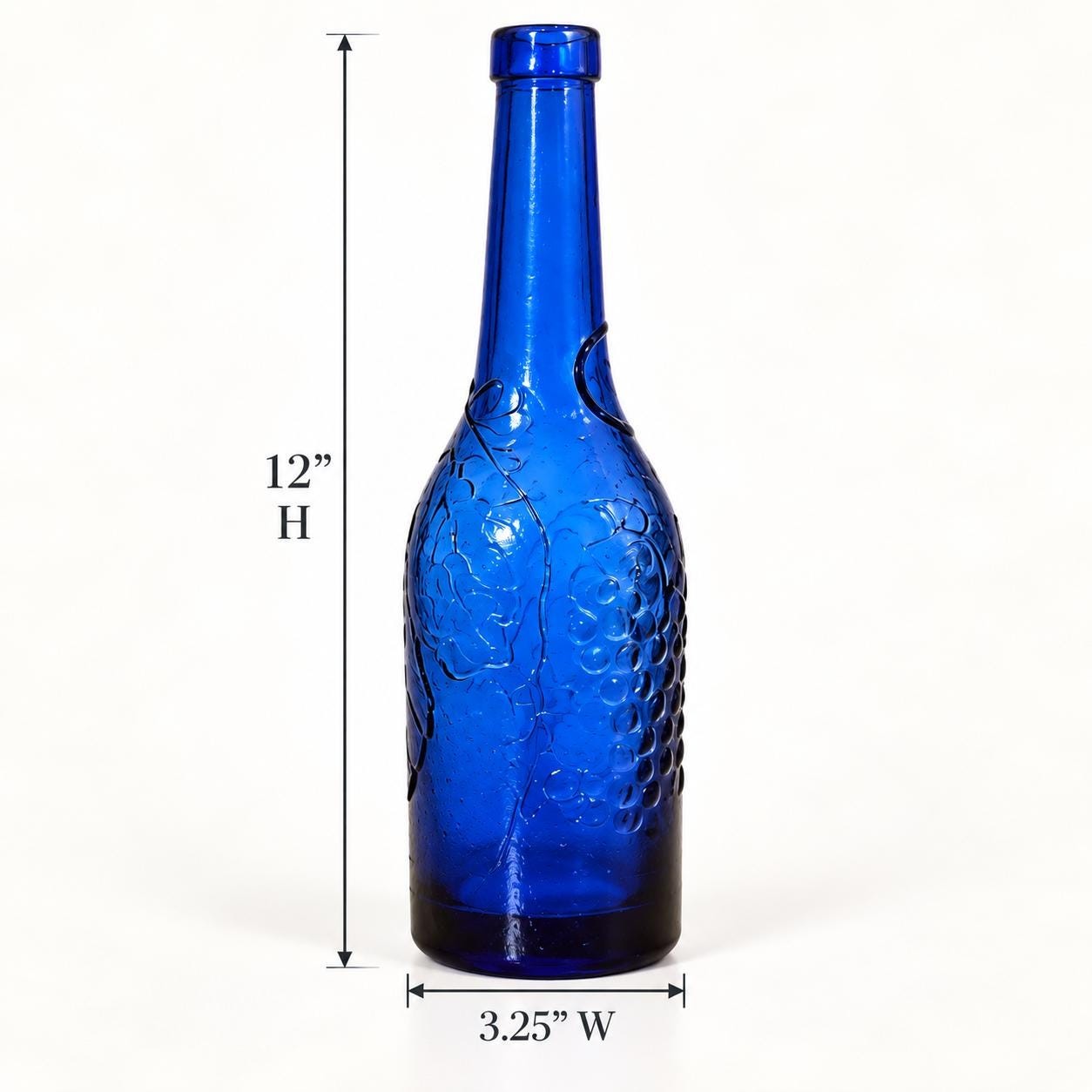 Vintage Cobalt Blue Textured Glass Bottle | Embossed Grapes & Leaves | 12” Decorative Art Glass Bottle, view 7