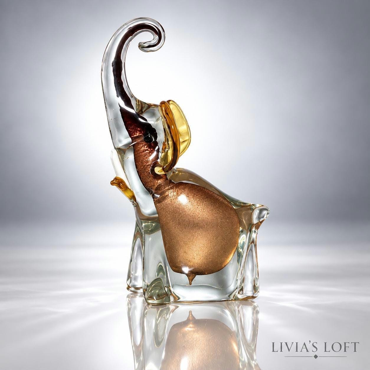 Vintage Art Glass Elephant Figurine: Clear Glass, Bronze Interior, Amber Ears (8" Tall), view 1