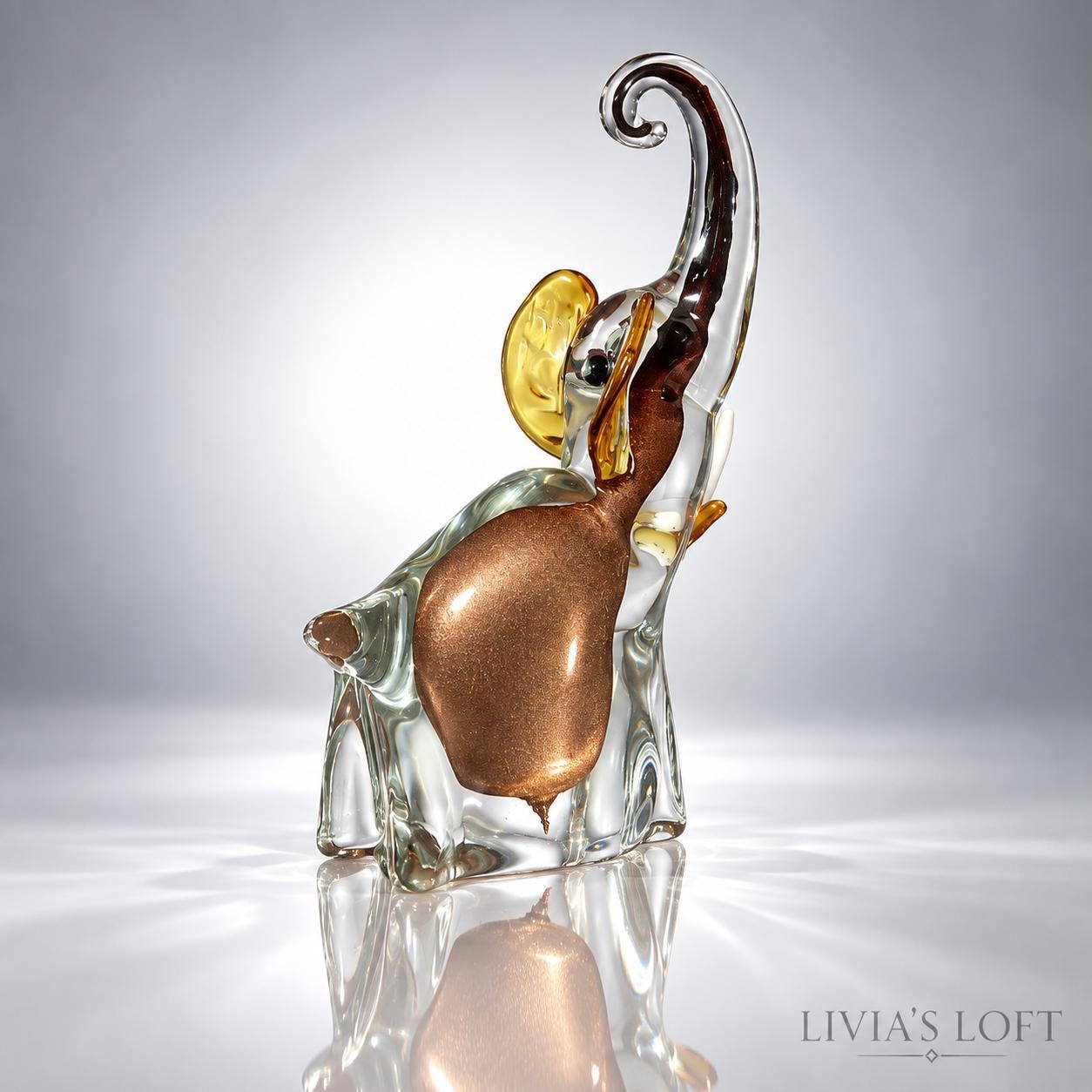 Vintage Art Glass Elephant Figurine: Clear Glass, Bronze Interior, Amber Ears (8" Tall), view 2