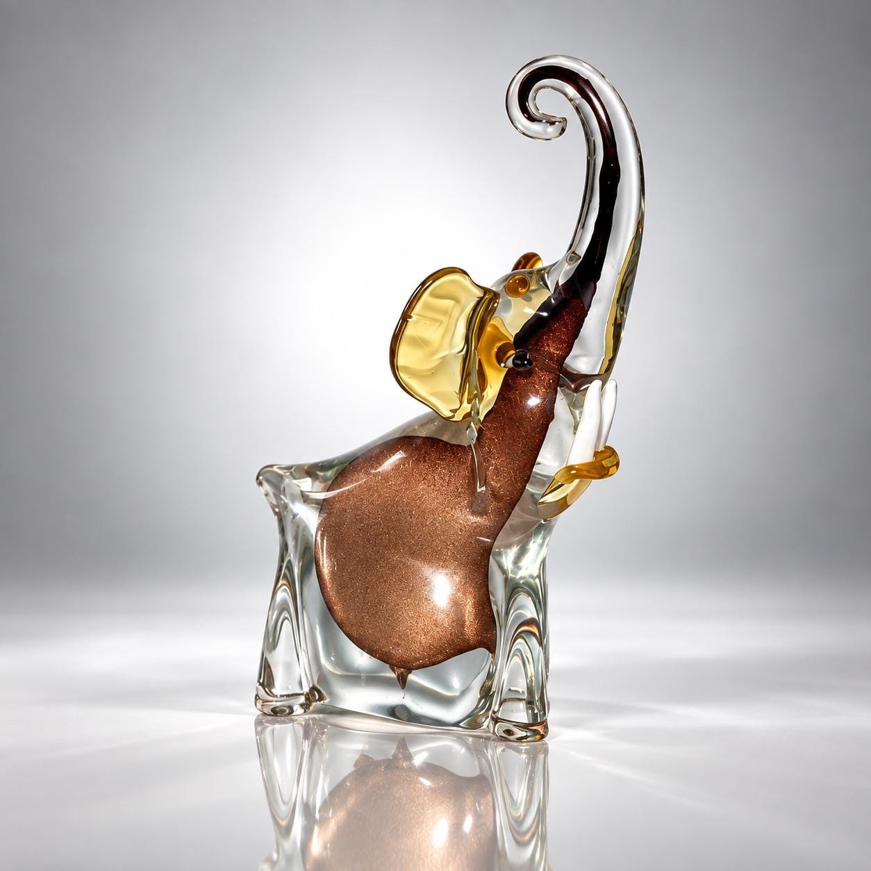 Vintage Art Glass Elephant Figurine: Clear Glass, Bronze Interior, Amber Ears (8" Tall), view 4
