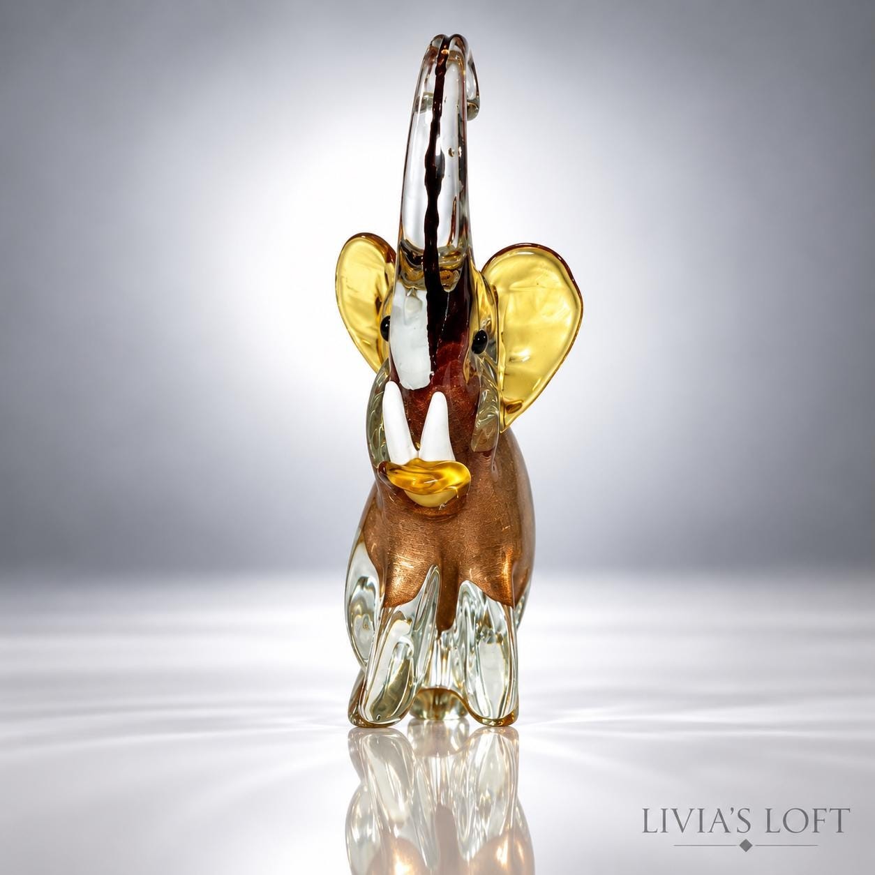 Vintage Art Glass Elephant Figurine: Clear Glass, Bronze Interior, Amber Ears (8" Tall), view 5