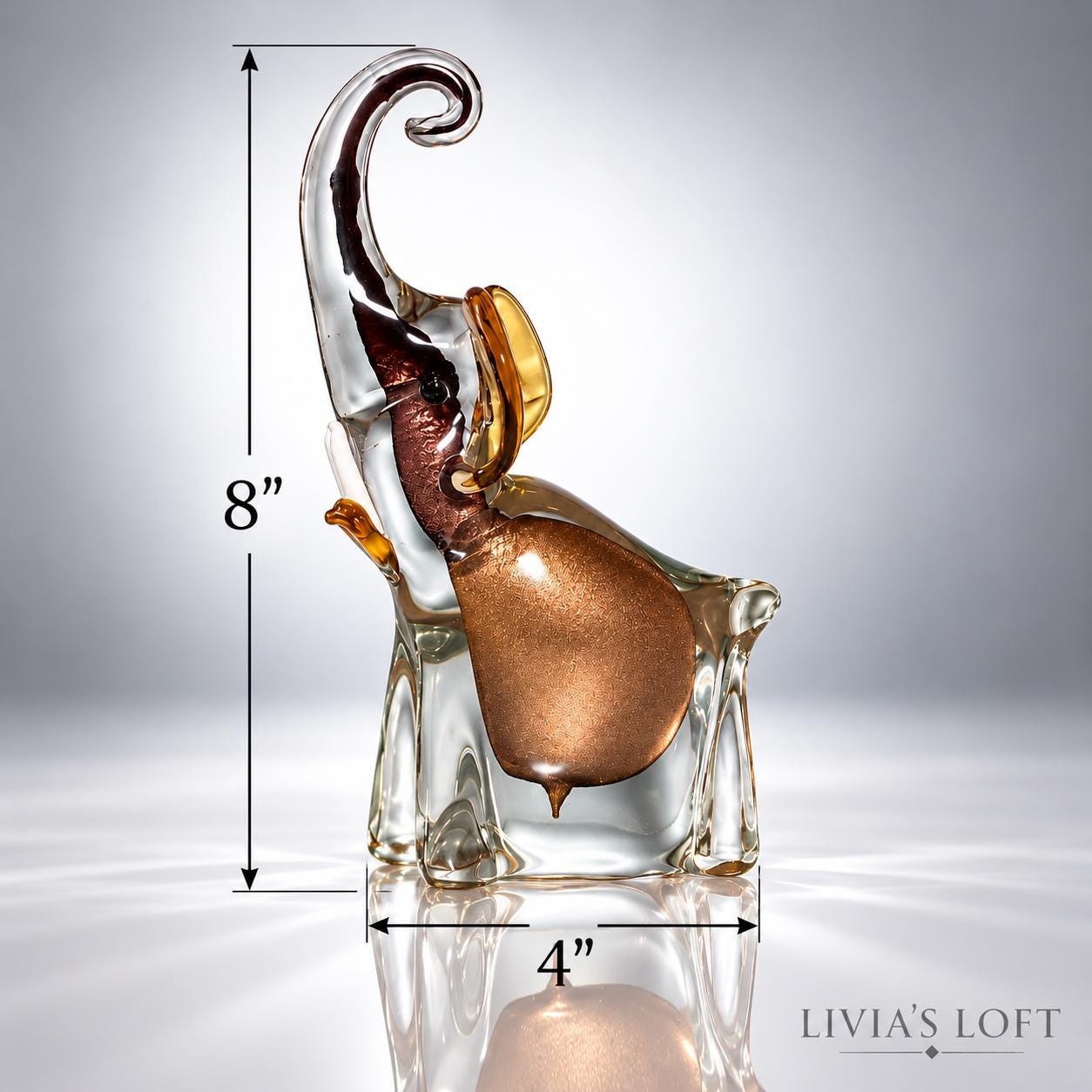 Vintage Art Glass Elephant Figurine: Clear Glass, Bronze Interior, Amber Ears (8" Tall), view 6