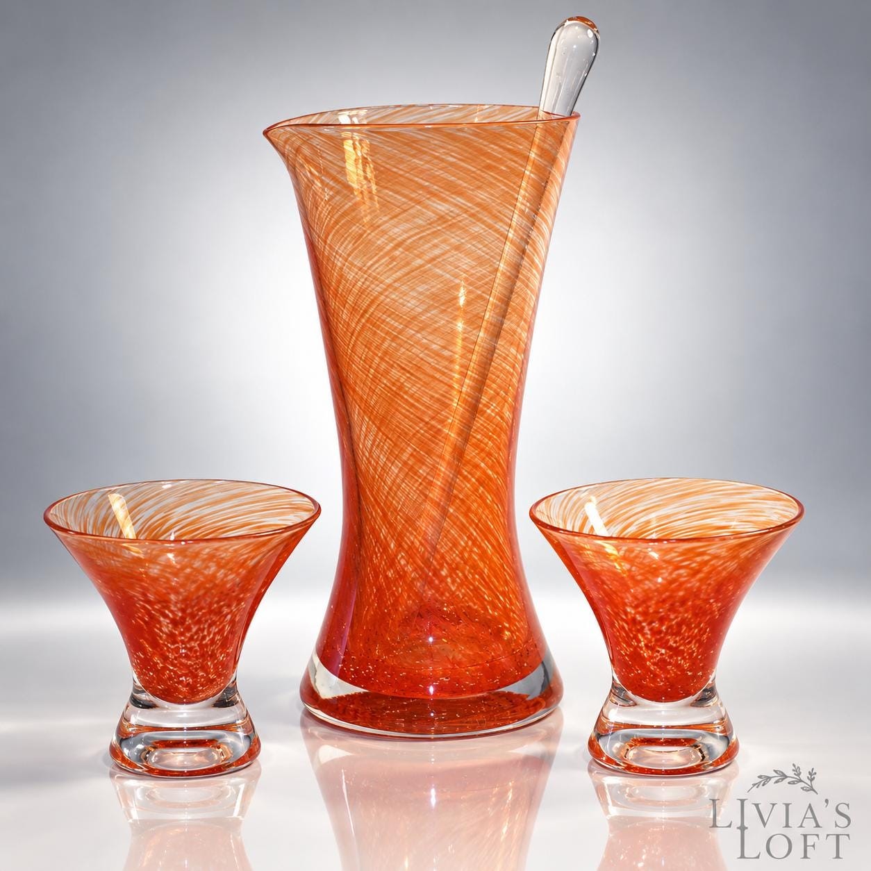 Vintage Orange Swirl Art Glass Cocktail Set – Hand Blown Pitcher & Glasses (Mid-Century Modern), view 3
