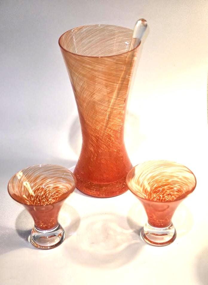 Vintage Orange Swirl Art Glass Cocktail Set – Hand Blown Pitcher & Glasses (Mid-Century Modern), view 5