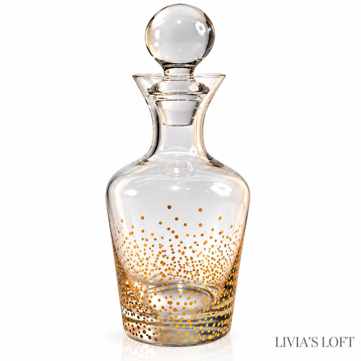 Vintage Fitz and Floyd Glass Decanter Gold Dot Crystal Style Bottle Round Stopper 10.5” Barware Liquor Decanter Hollywood Regency, view 1