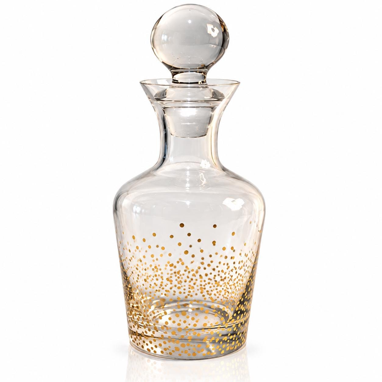 Vintage Fitz and Floyd Glass Decanter Gold Dot Crystal Style Bottle Round Stopper 10.5” Barware Liquor Decanter Hollywood Regency, view 2