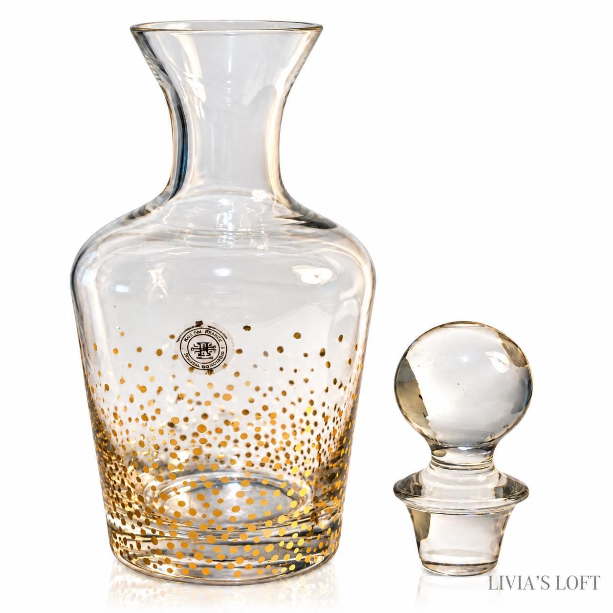 Vintage Fitz and Floyd Glass Decanter Gold Dot Crystal Style Bottle Round Stopper 10.5” Barware Liquor Decanter Hollywood Regency, view 3