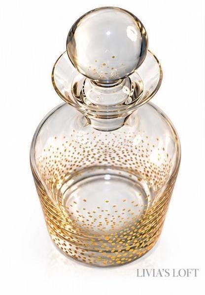 Vintage Fitz and Floyd Glass Decanter Gold Dot Crystal Style Bottle Round Stopper 10.5” Barware Liquor Decanter Hollywood Regency, view 4