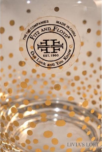 Vintage Fitz and Floyd Glass Decanter Gold Dot Crystal Style Bottle Round Stopper 10.5” Barware Liquor Decanter Hollywood Regency, view 7