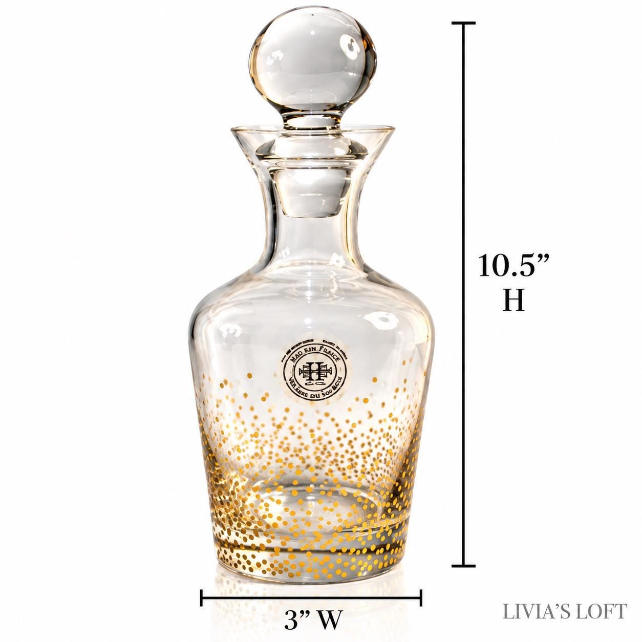 Vintage Fitz and Floyd Glass Decanter Gold Dot Crystal Style Bottle Round Stopper 10.5” Barware Liquor Decanter Hollywood Regency, view 8