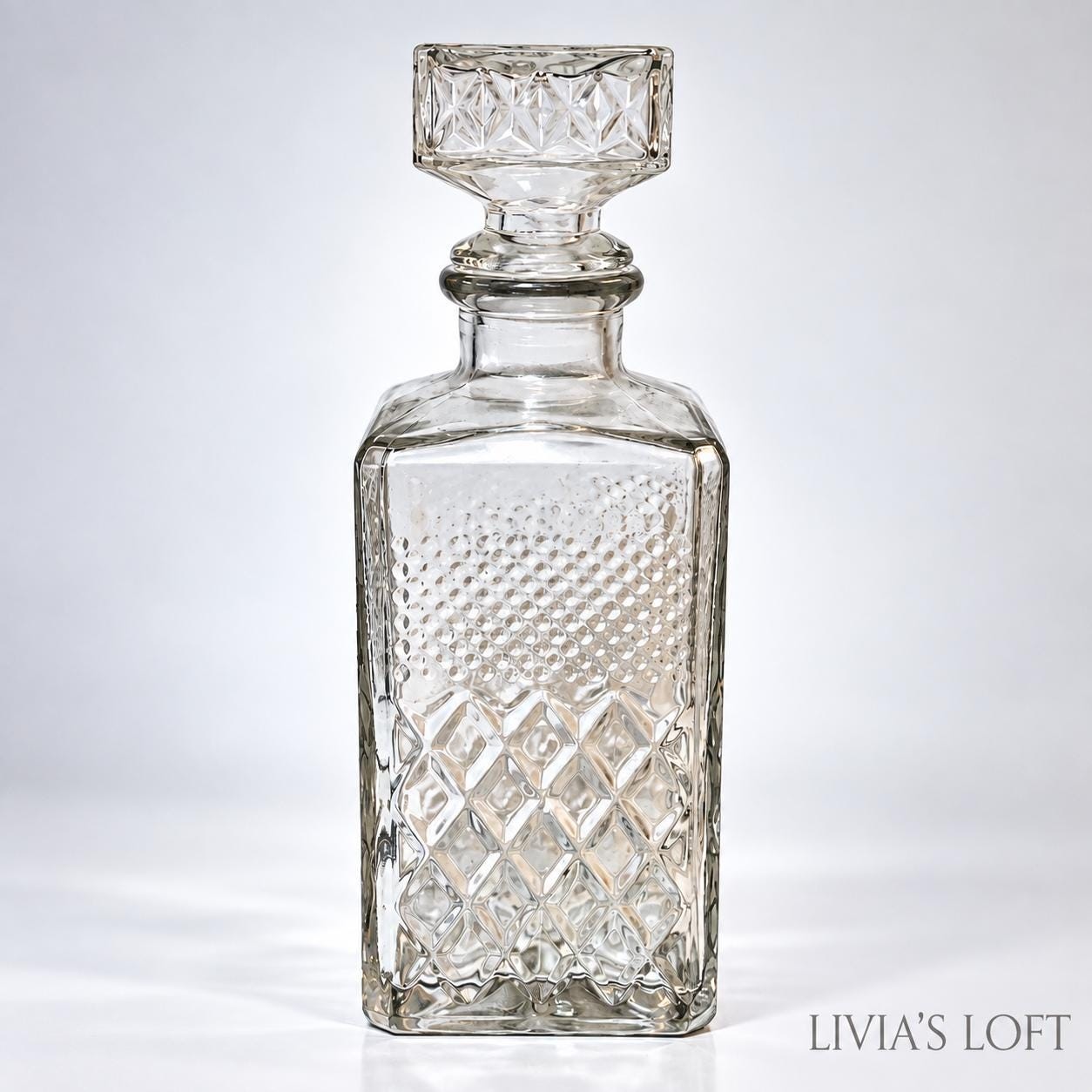 Vintage Bormioli Italy Glass Whiskey Decanter with Stopper | Cut Glass Liquor | Geometric Italian Barware | Mid Century Bar Decor, view 1