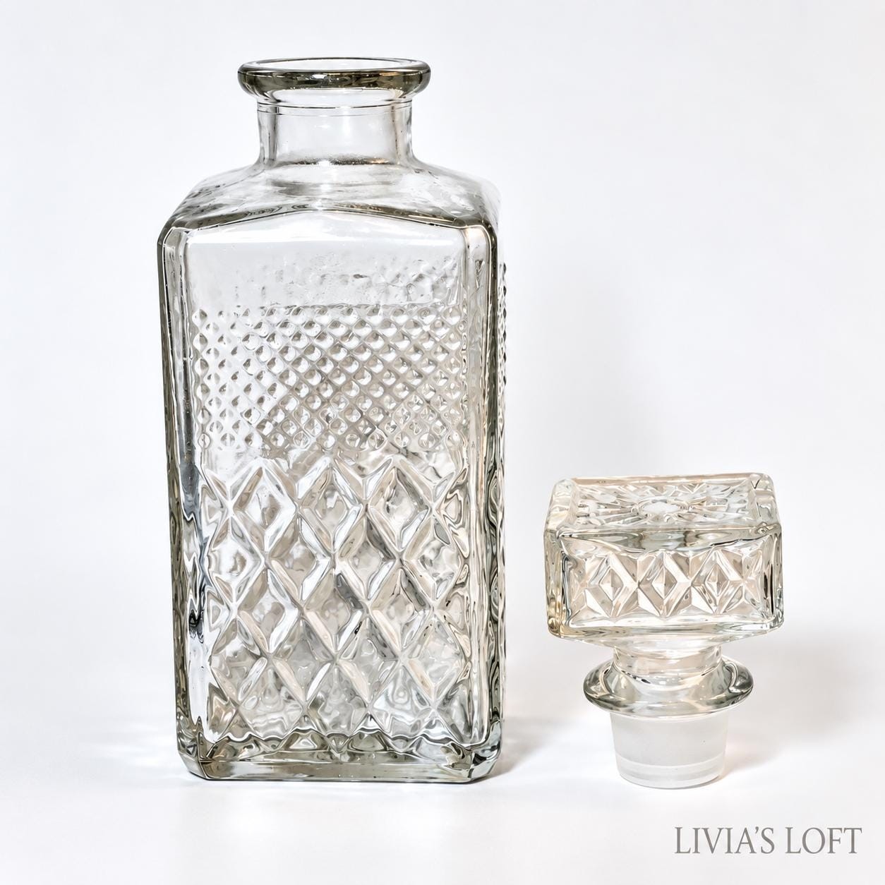 Vintage Bormioli Italy Glass Whiskey Decanter with Stopper | Cut Glass Liquor | Geometric Italian Barware | Mid Century Bar Decor, view 2