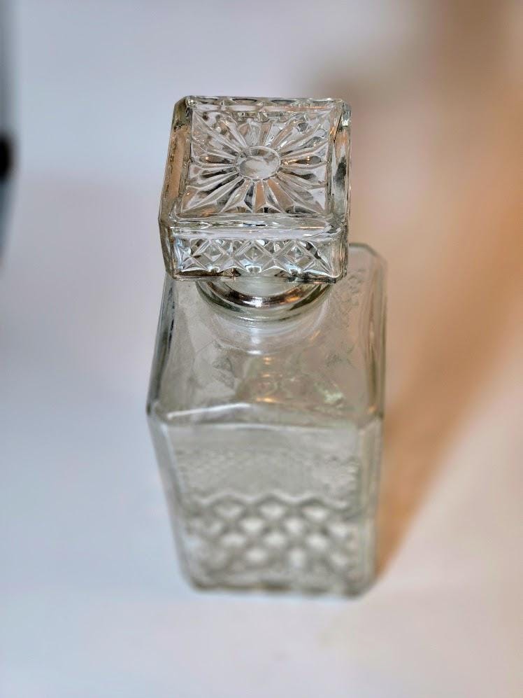 Vintage Bormioli Italy Glass Whiskey Decanter with Stopper | Cut Glass Liquor | Geometric Italian Barware | Mid Century Bar Decor, view 4