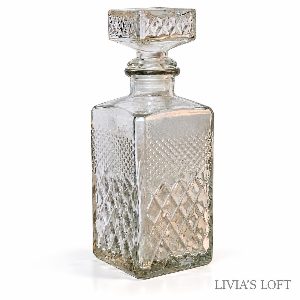 Vintage Bormioli Italy Glass Whiskey Decanter with Stopper | Cut Glass Liquor | Geometric Italian Barware | Mid Century Bar Decor, view 6