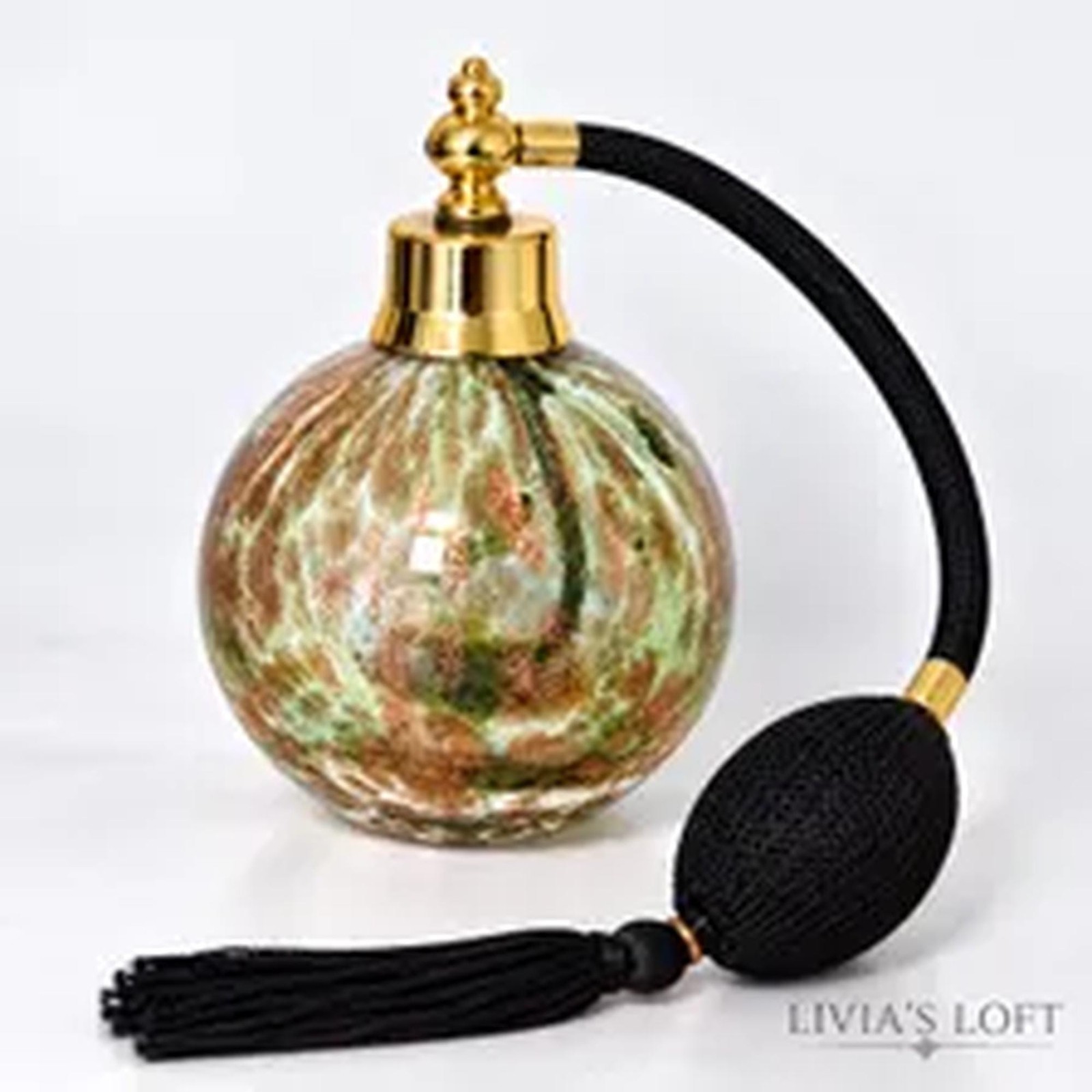 Vintage Bombay Art Glass Perfume Atomizer | Copper-Gold Aventurine Vanity Bottle, view 2