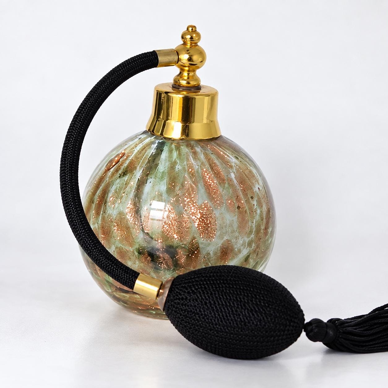 Vintage Bombay Art Glass Perfume Atomizer | Copper-Gold Aventurine Vanity Bottle, view 3