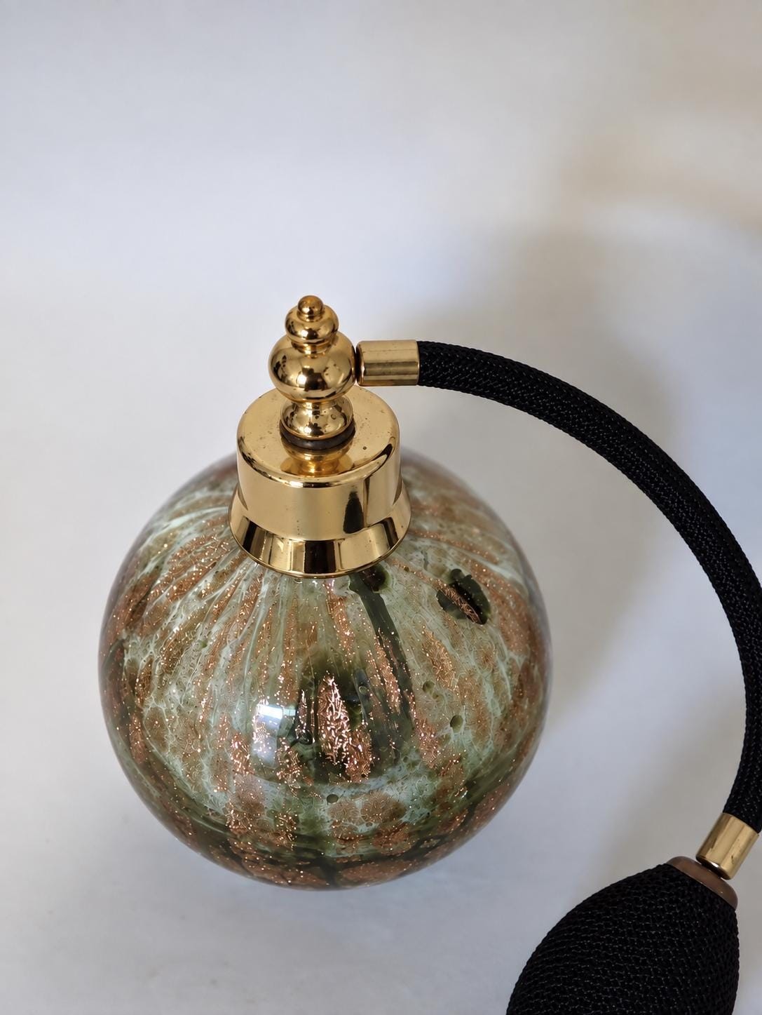 Vintage Bombay Art Glass Perfume Atomizer | Copper-Gold Aventurine Vanity Bottle, view 5