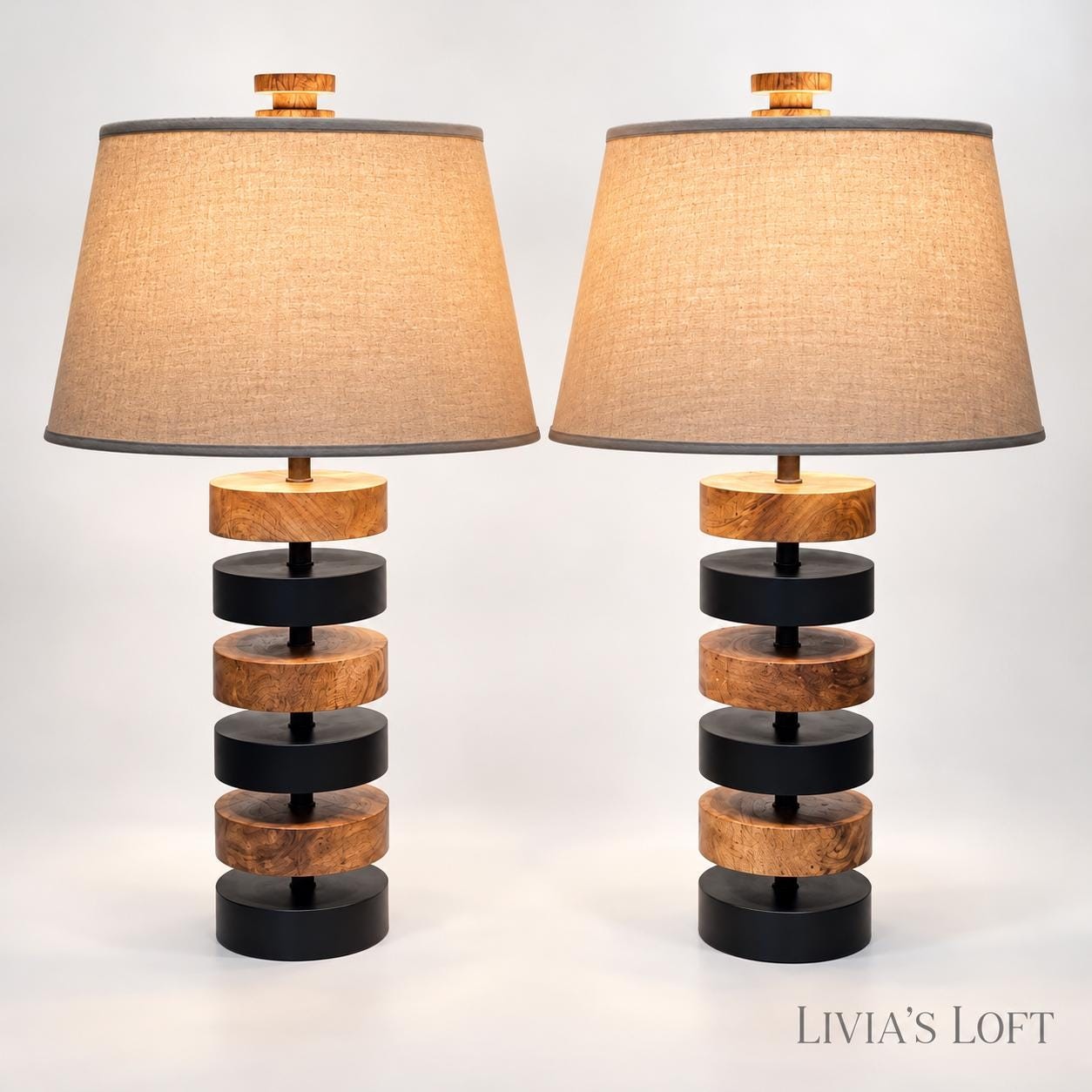 Modern Rustic Wood & Black Table Lamps In the Style of Heath and Company Lighting Set of 2, view 1
