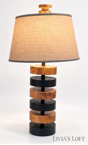Modern Rustic Wood & Black Table Lamps In the Style of Heath and Company Lighting Set of 2, view 6