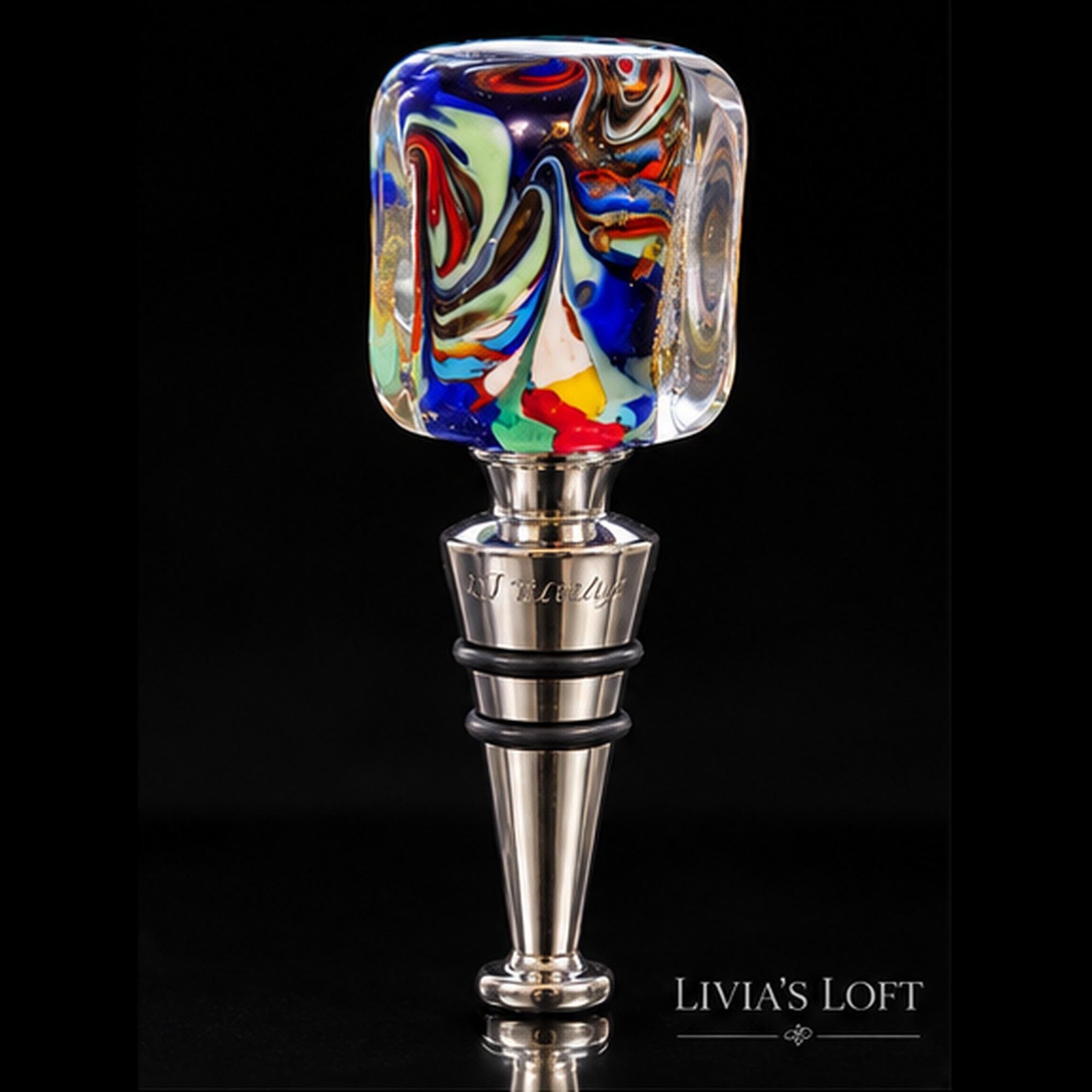 Murano Art Glass Wine Bottle Stopper – Italian Multicolor Swirl & Gold Foil, view 1