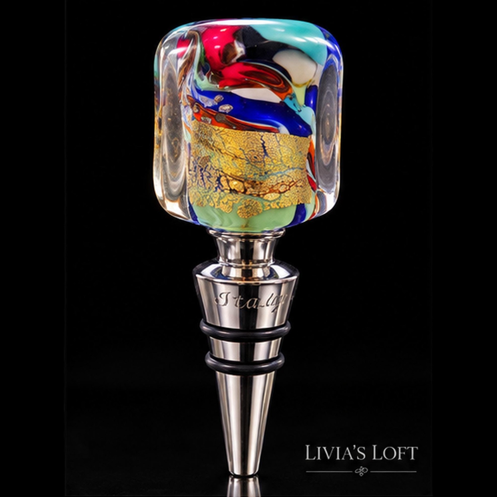 Murano Art Glass Wine Bottle Stopper – Italian Multicolor Swirl & Gold Foil, view 2
