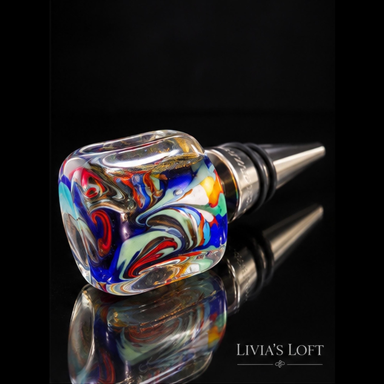 Murano Art Glass Wine Bottle Stopper – Italian Multicolor Swirl & Gold Foil, view 3