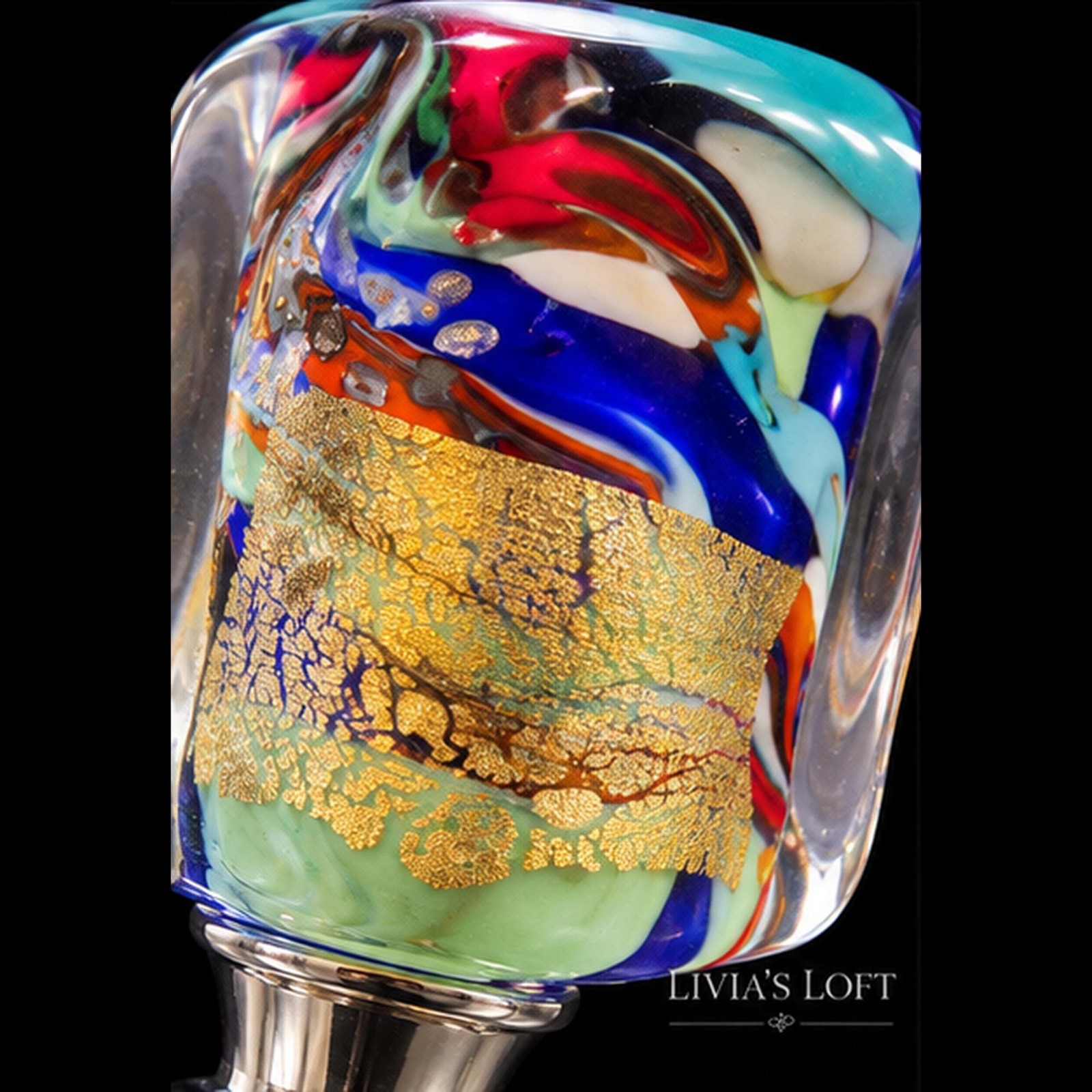 Murano Art Glass Wine Bottle Stopper – Italian Multicolor Swirl & Gold Foil, view 4